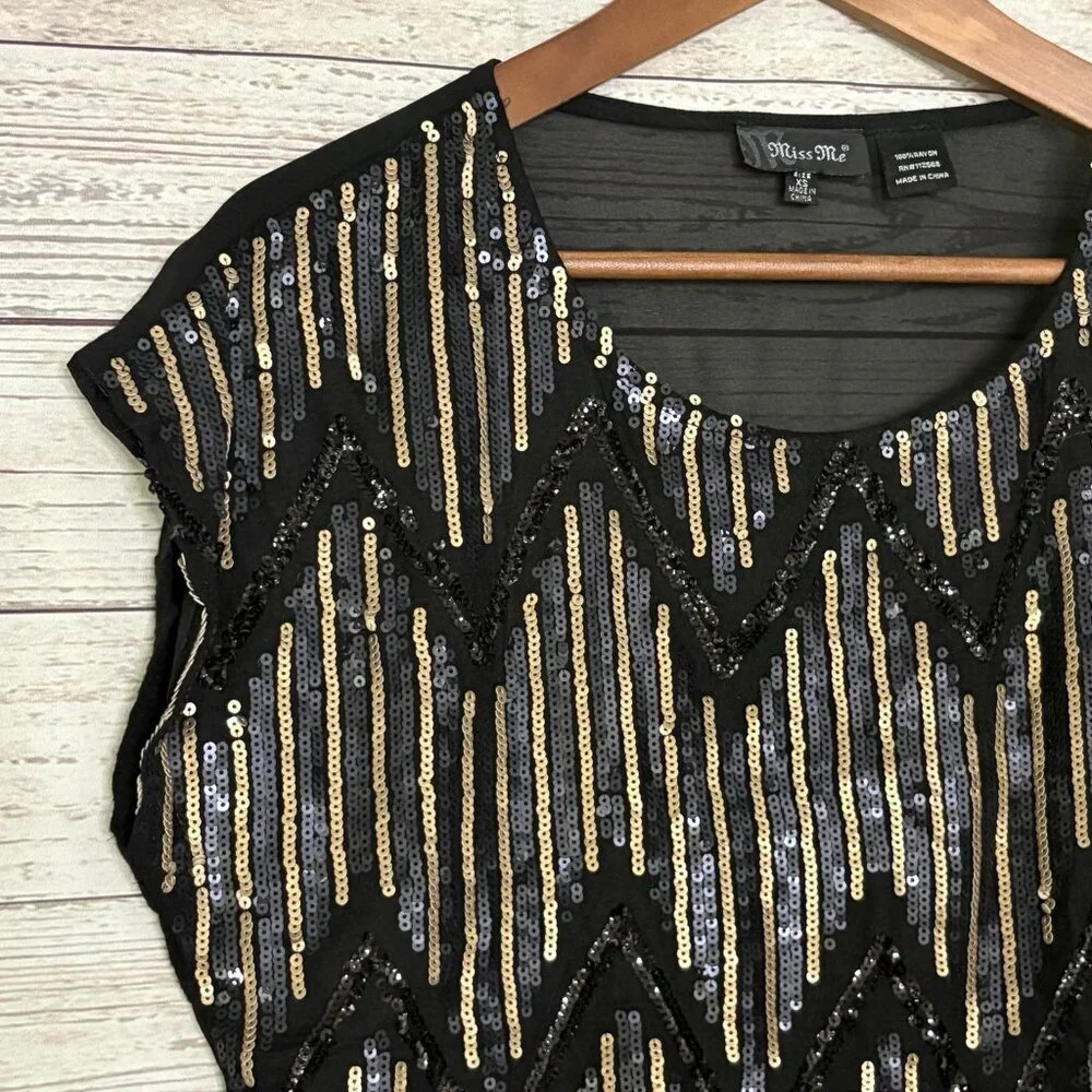 Miss Me Cocktail Hour Top‎ Blk Gld Blue Sequins XS